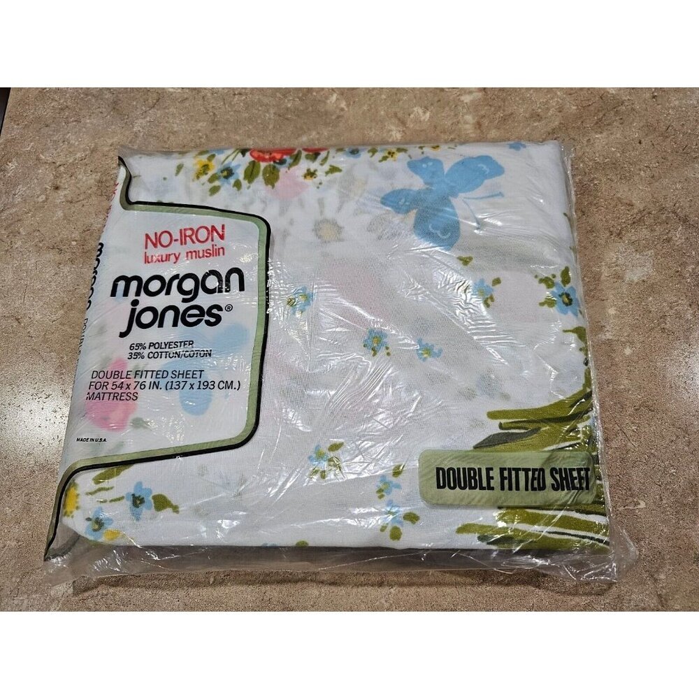 Vintage New‎ Morgan Jones Double Fitted Sheet "Bonnie Bouquet" Blue Butterflies